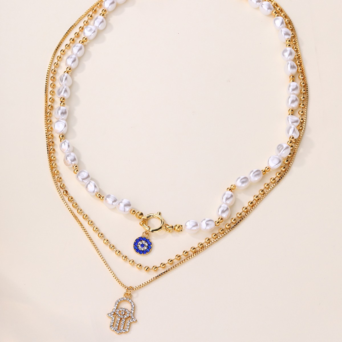 Trendy Layered Metal Necklace with Faux Eye Charm, Gold Pearl Choker for Women, Wholesale Fashion Jewelry