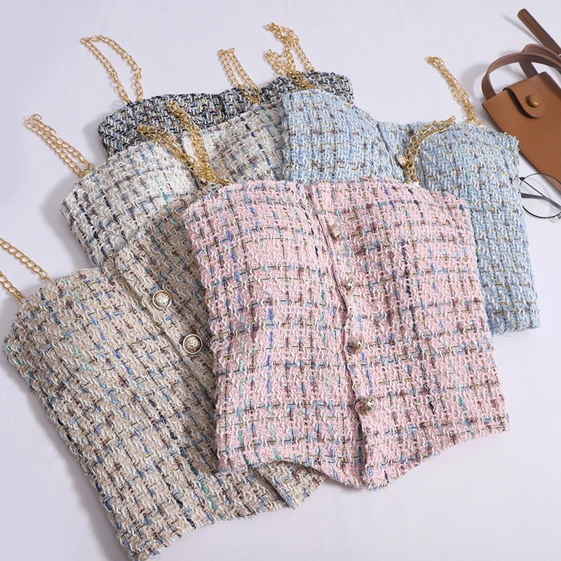 Women With Bra Pad Off Shoulder Tube Tops Summer Sexy Tweed Chain Button Tank Underwear Pleated Backless Worn Outside Camis 250513