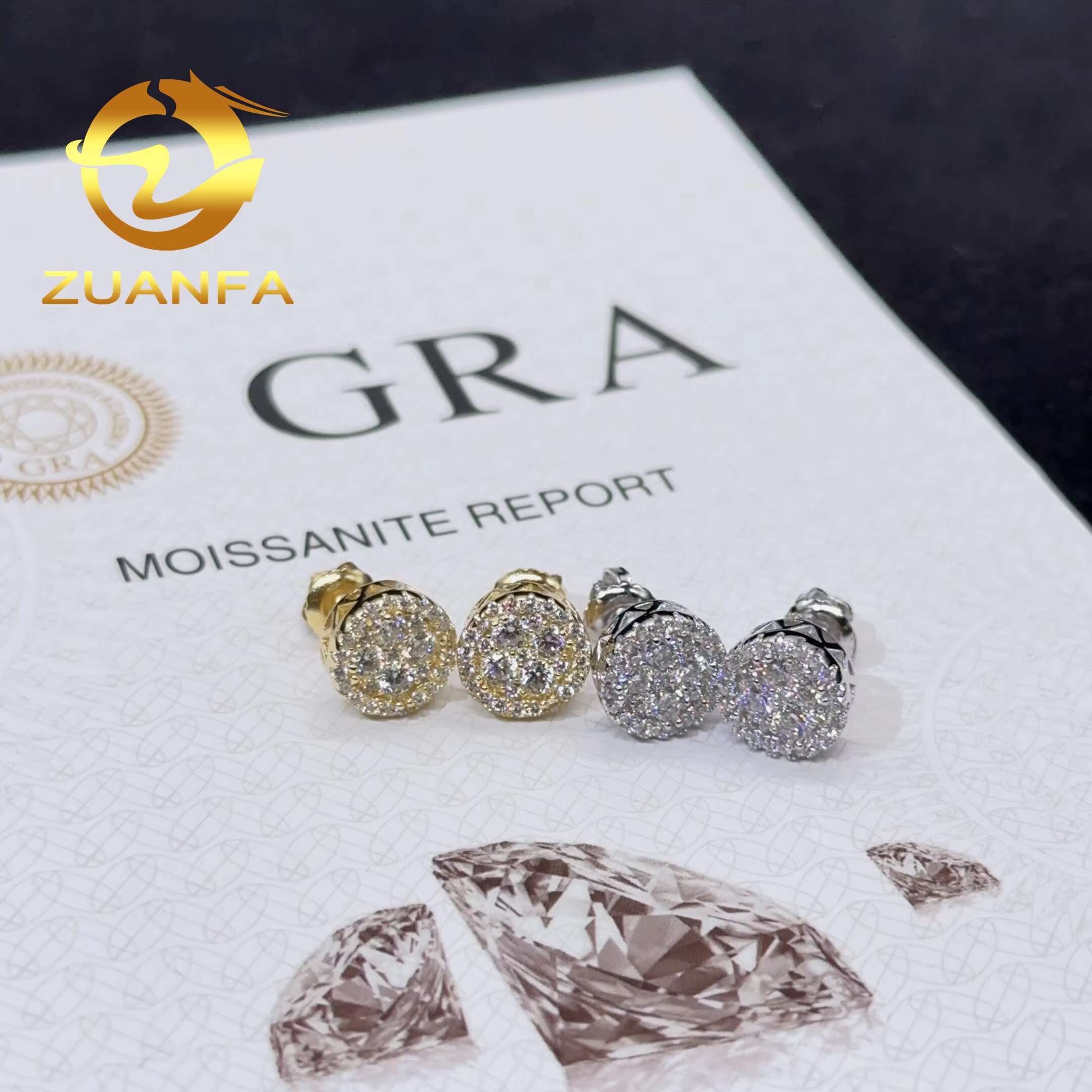 Zuanfa Jewelry Hiphop Earrings 4 Round Middle Moissnite Back Stud Earrings Women Men Silver Moissanite Rapper Earrings
