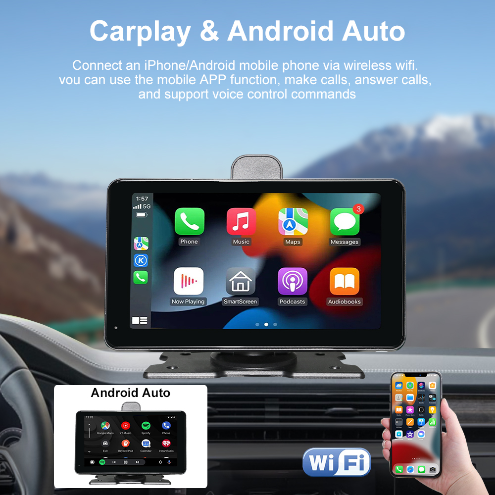 BY-CS74 7-inch In-Car Smart Display with Dual Cameras | Wireless CarPlay/Android Auto | 4K Front & 1080P Rear Cam | Global Multi-Language Support | Li