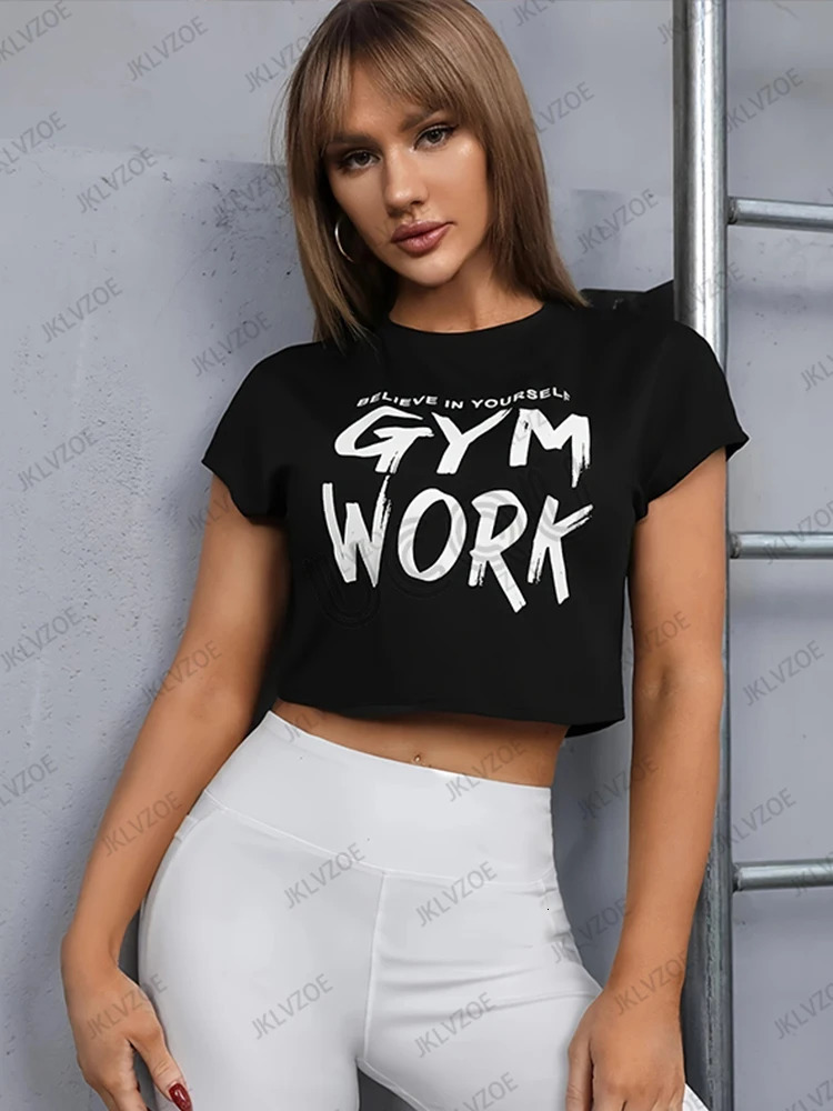 Arriavl Fitness Crop Top Summer Short Sleeve ONeck Tshirt For Women Gym Work Printed Sports Tees Casual Y2k Tops 250513