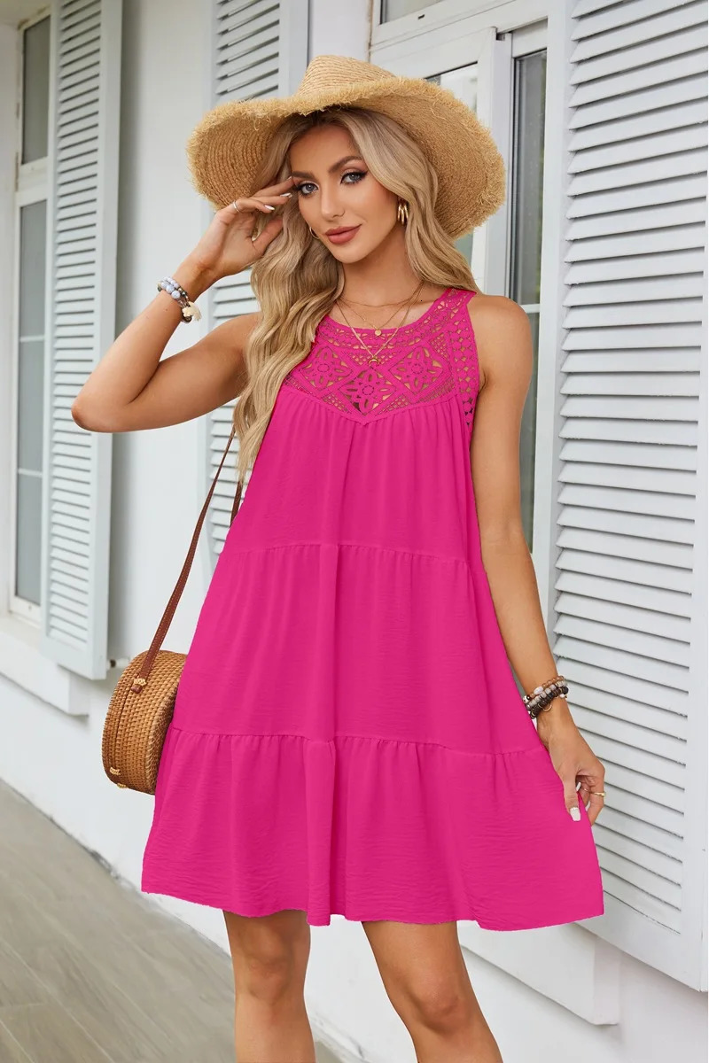 Beach mini dress with camisole sleeveless hollow out lace casual round neck elegant vacation style 250513