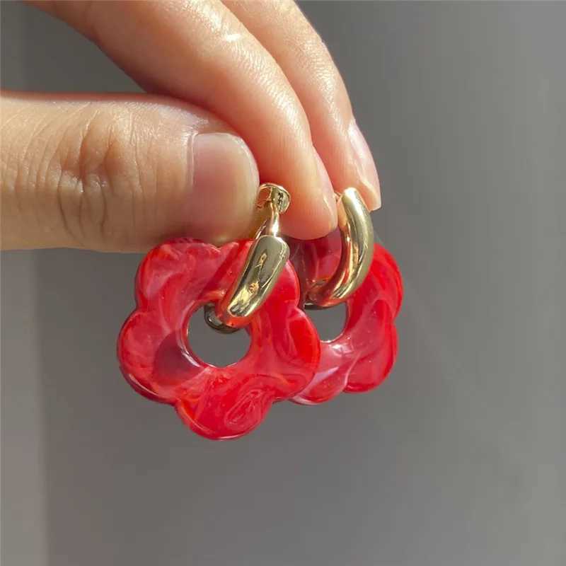 2022 Pink Acrylic Flower Resin Drop Earrings Simple Round Hollow Copper Girls Jewelry Cute Party Personality Gifts Y250510