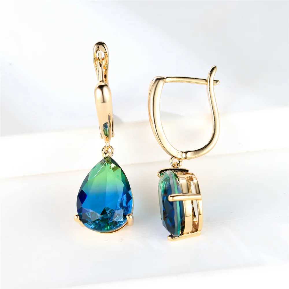 Trendy Crystal Blue Green Rainbow Zircon Stone Hoop Earrings For Women Vintage Gold Color Wedding Jewelry Y250510