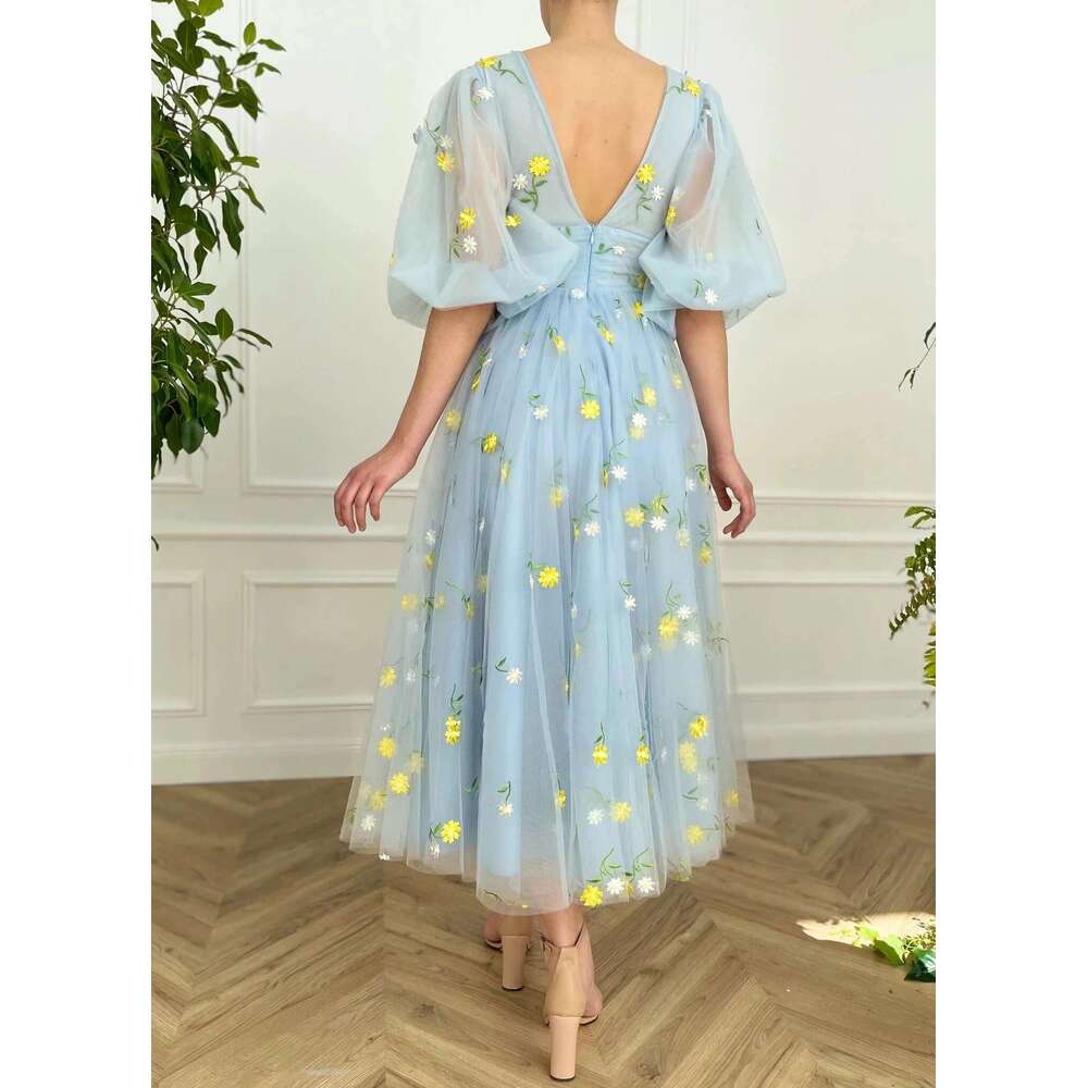 Deep V-Neck Tulle Midi Half Puff Sleeves Embroidered Lace Prom Gowns Tea-Length Wedding Party Dresses Customized