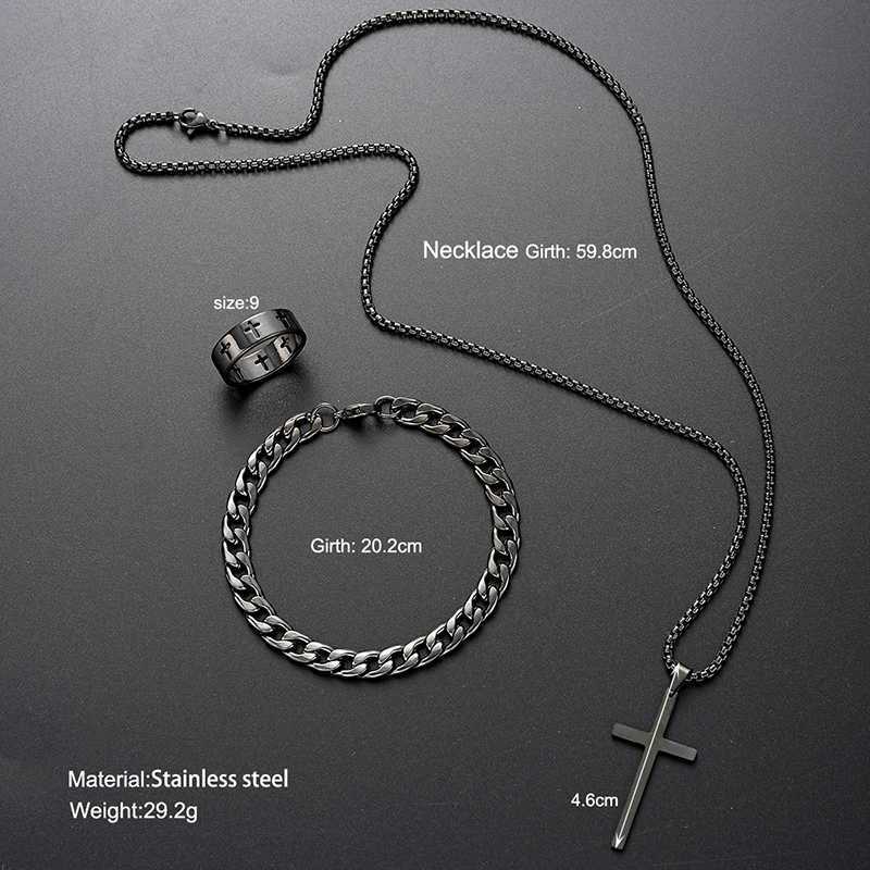 3pcs Set Mens Stainless Steel Metal Cross Pendant Chain Necklace Bracelet Ring Jewelry Set for Men Hip Hop Daily Wear Accessories XJ250707