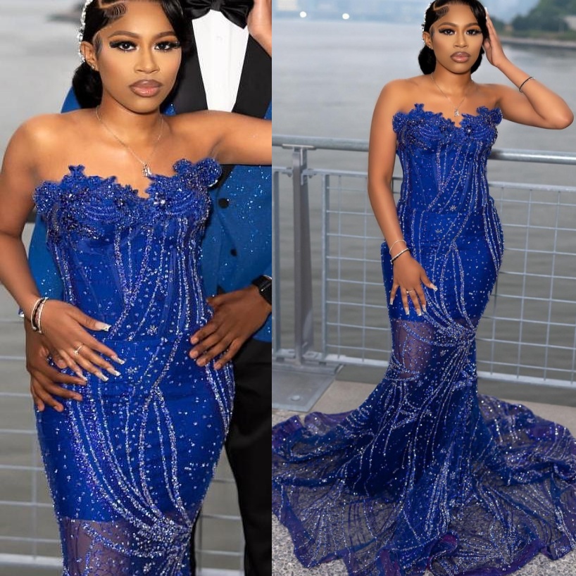 Royal Blue Mermaid Plus Size Prom Dresses 2025 Sequined Crystals Lace UP Evening Formal Party Second Birthday Engagement Gowns Dress For Special Occas