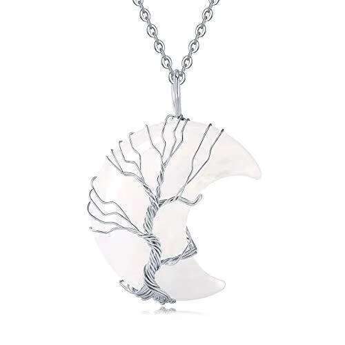 Life Tree Crescent with Metal Wire Wrapped Crystal Stone Pendant Natural Amethyst Quartz Necklace