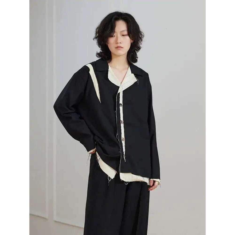 EAM Women Color-block Burr Big Size Black Blouse New Lapel Long Sleeve Loose Fit Shirt Fashion Tide Spring Autumn 2025 1DF3955