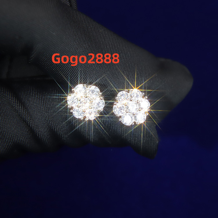 Luxury Fine Jewelry Iced Out Moissanite Flower Stud Earrings Hip Hop Sterling Silver 925 Cluster Earrings Women Men