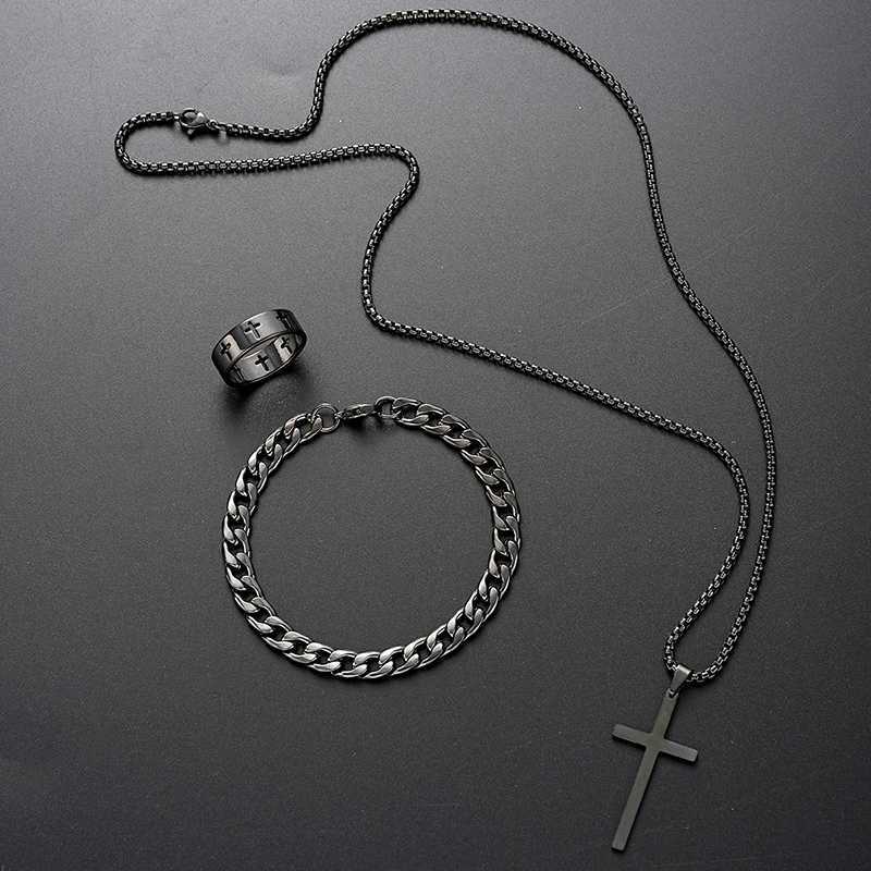 3pcs Set Mens Stainless Steel Metal Cross Pendant Chain Necklace Bracelet Ring Jewelry Set for Men Hip Hop Daily Wear Accessories XJ250707