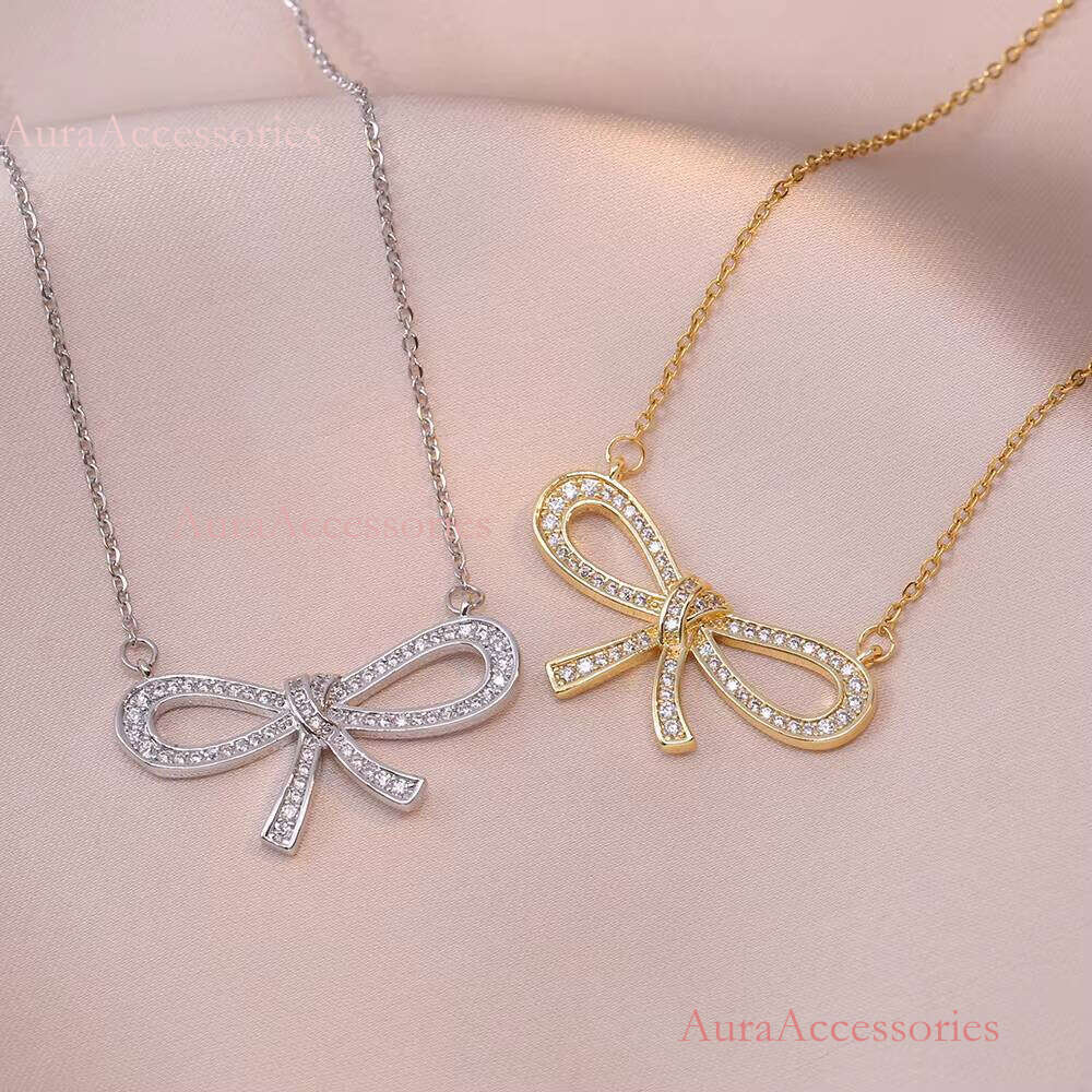 Fashion Jewelry Women Girl Gold Plated Bowknot Bow Tie Pendant Necklace
