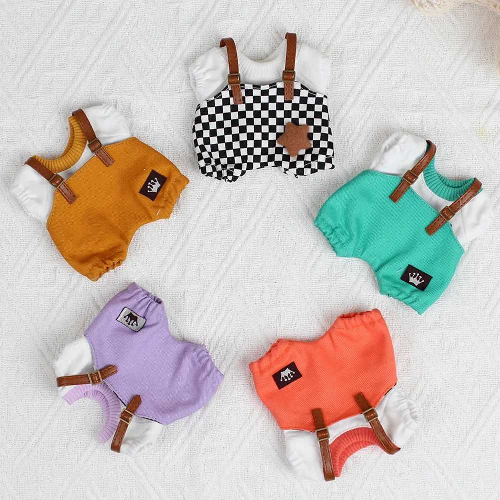 17cm White Doll Clothing Fashion Hoodie Doll Accessories Dopamine Style Checkered Overalls T-shirt Set White ClothingT250513