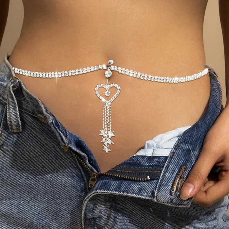 GLAMing Boho Heart Dangle Rhinestone Piercing Navel Chain Belly Button Ring with Waist Chain Women Navel Piercing Body JewelryT250513