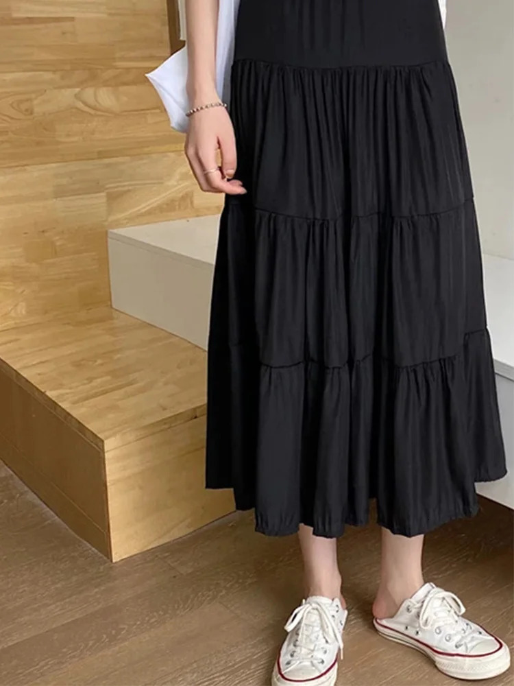 Spring Summer Women Chiffon Skirts Vintage High Waist Elastic Patchwork White Black Chic Long Cake A-line Skirt for Student 250513
