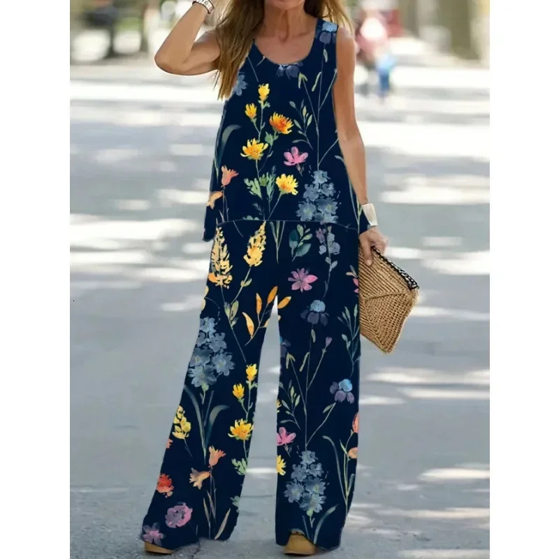 Aomen 1XL8XL Plus size round neck casual set 2piece fashionable solid tank top wide leg pants 250427