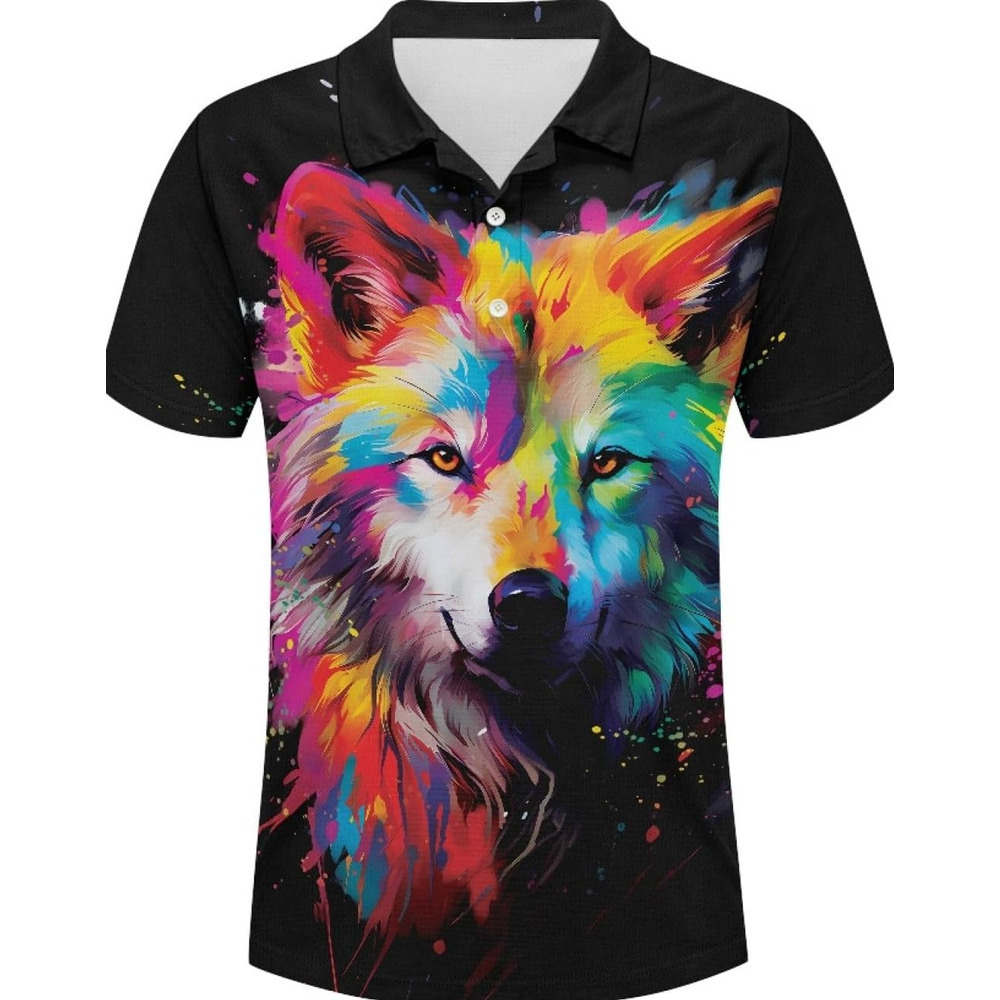 Mens Polo shirt JooMeryer Men's Galaxy Wolf Fox Cool Golf Shirts 3D Printed Button Up Short Sleeve Polo Shirt Tee Polos shirts
