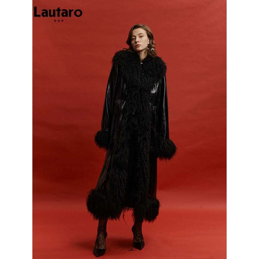 Lautaro Spring Autumn Long Black Shiny Patent Pu Leather Coat Women with Faux Fur Trim Designer Clothing European Fashion