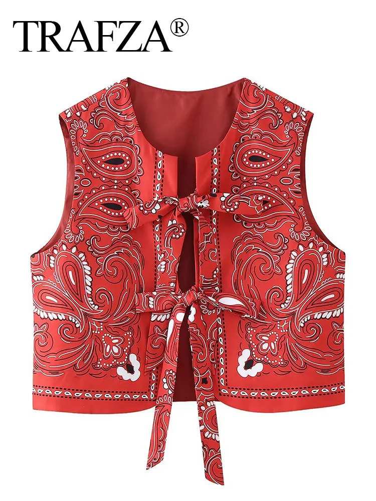 TRAFZA Women Fashion Paisley Print Vest Front Bow Lace Up O Neck National Style Vests Sleeveless Waistcoat Vintage Red Tank Tops 250506