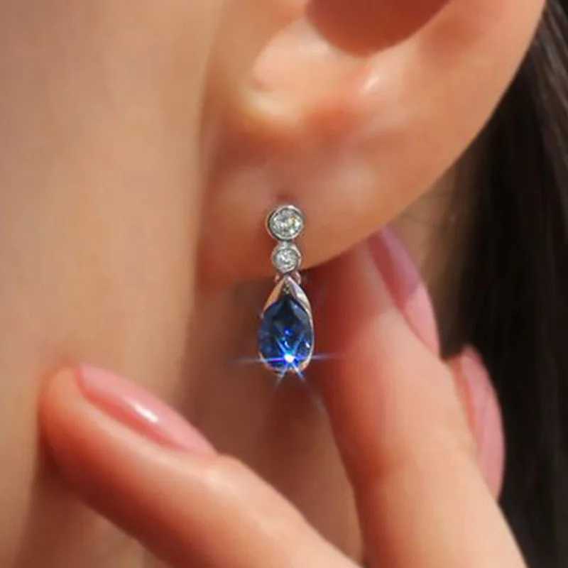 925 Sterling Silver Female Dangle Earrings with Waterdrop Blue Cubic Zirconia Simple Elegant Accessories Women Fashion Jewelry Y250510