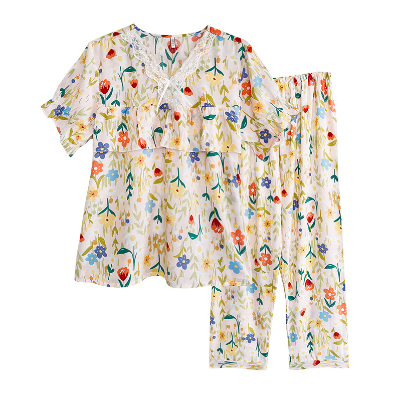 B874-Cotton silk pajamas women summer thin short-sleeved trousers loose artificial cotton suit large size outer wear home clothes