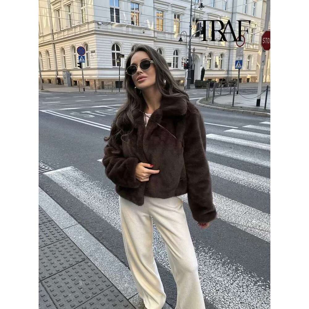 TRAF Women's Fashion Brown Faux Retro Lapel Long Sleeve Soft Fluffy Jacket Coat Temperament High Street Short Fur Top