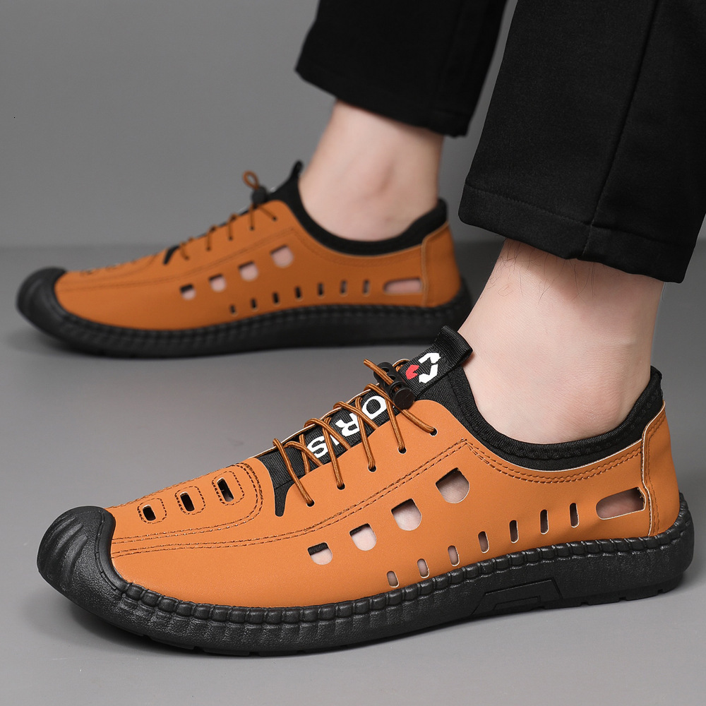 Men S Sandals Perforated Shoes Leather Summer Surface Soft Sole Anti Slip Casual Shoes Outer Wear Breathable Hollow Out Casual Leather Shoes With Toe 