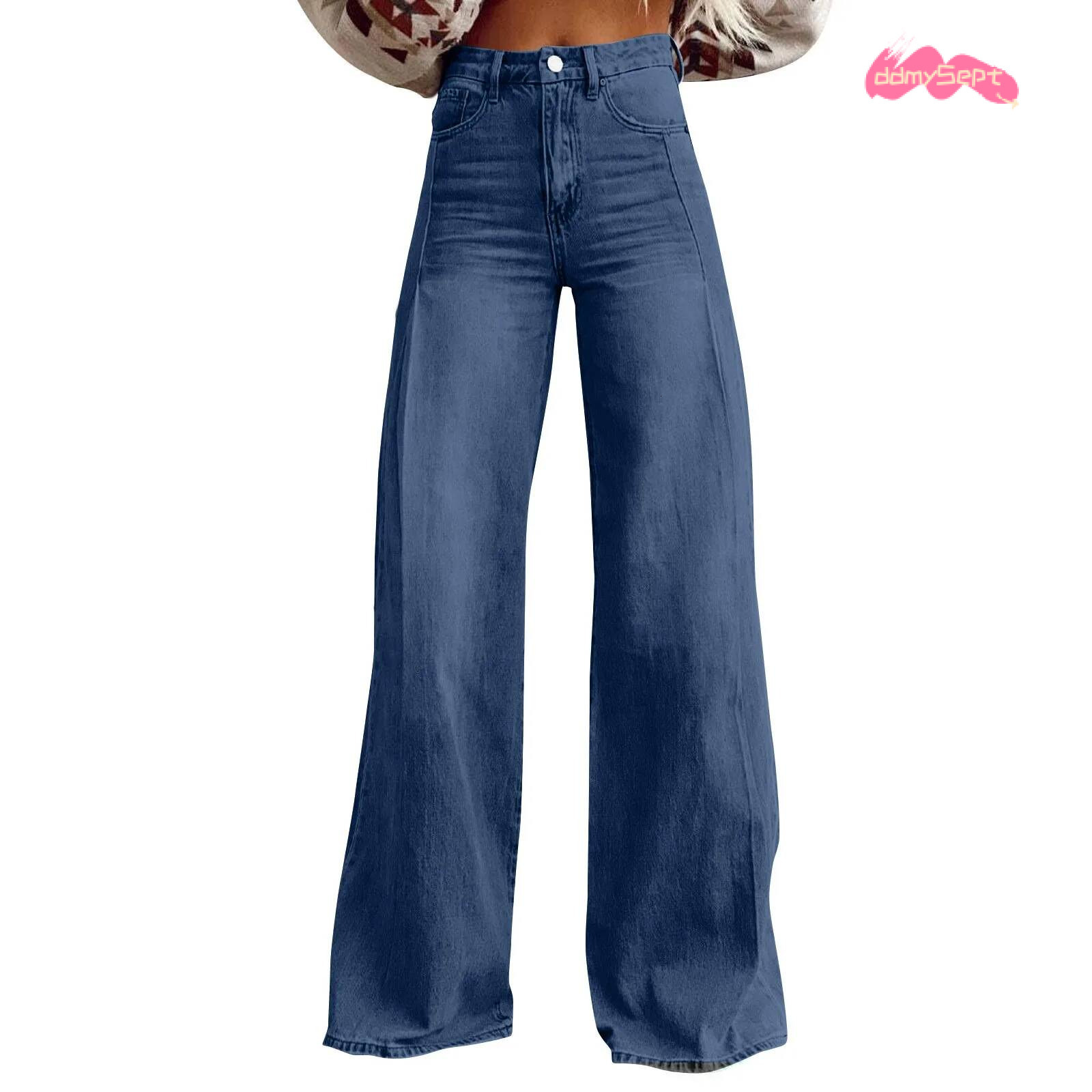 Vintage Women Irregular High Waist Slimming Wide Leg Mop Long Fashion Blue Baggy Jeans Streetwear Pants ddmysept