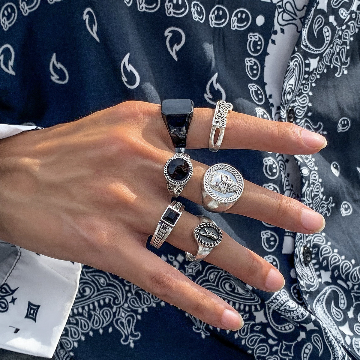Retro Geometric Crystal 6-Piece Set Men's Rings - Trendy Minimalist Fashion Alloy Ring Set
