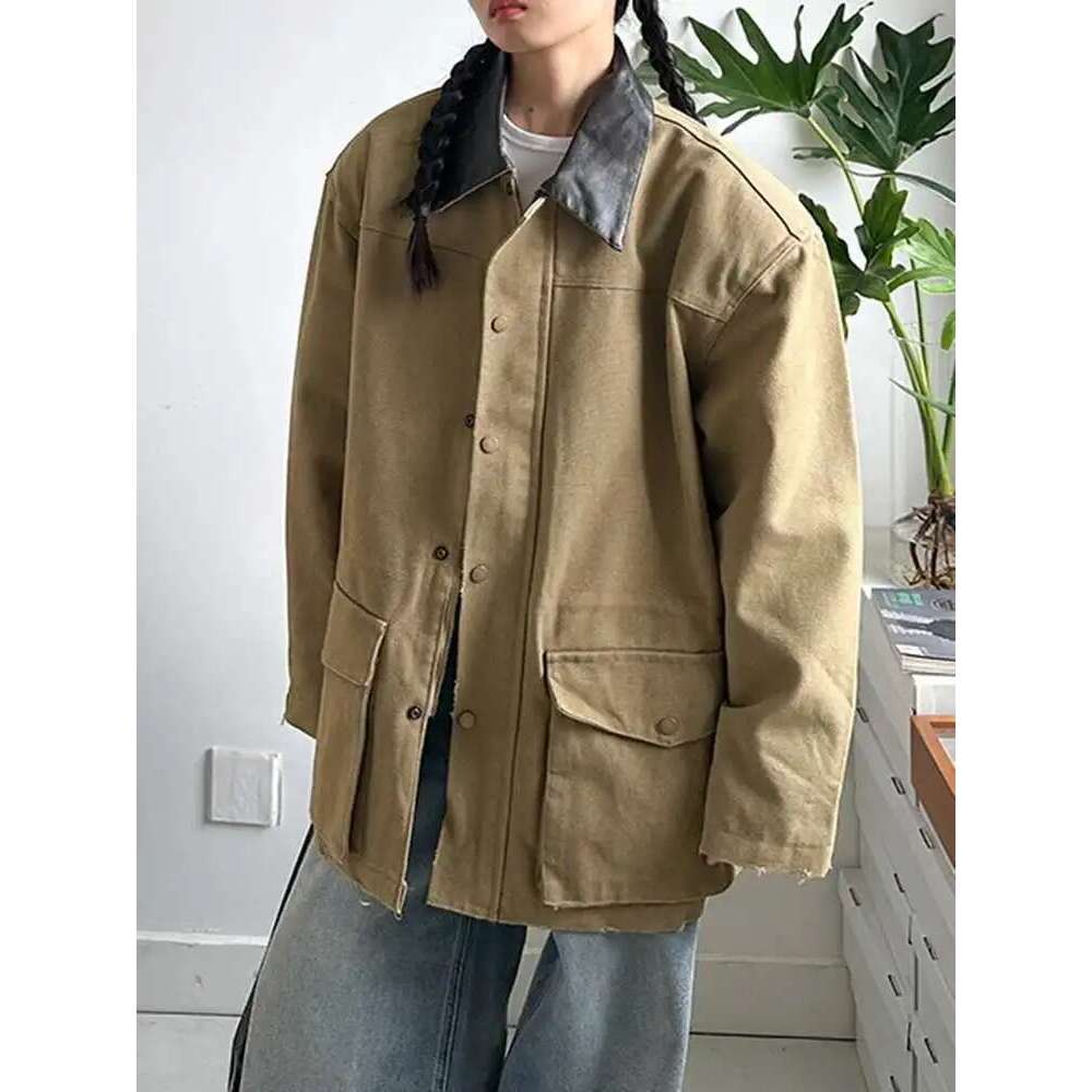 EAM Khaki Leather Collar Big Size Casual Jacket New Lapel Long Sleeve Women Coat Fashion Tide Spring Autumn 2025 1DH8168