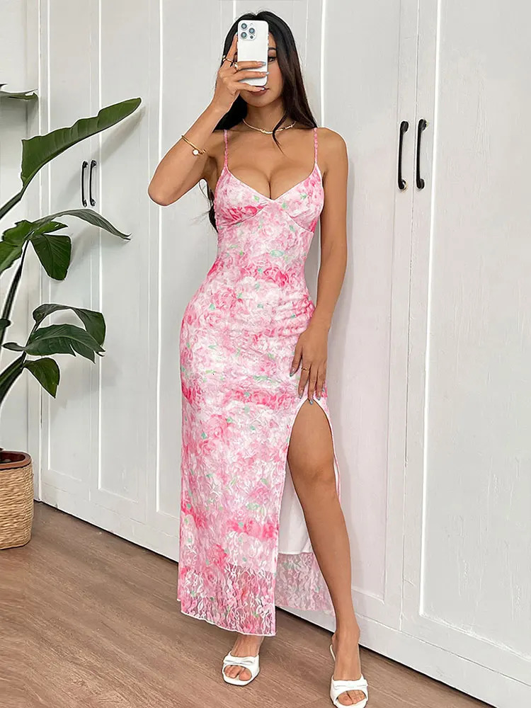 Summer Women Sling Dresses Streetwear Fashion Pink Print Split Dress Sexy Backless VNeck Elegant Lady Club Party 250513