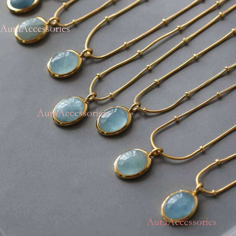 Oval Sky Blue Opal Titanium Steel Necklace Clear Stone Gold Plated Necklaces Women French Vintage Jewelry
