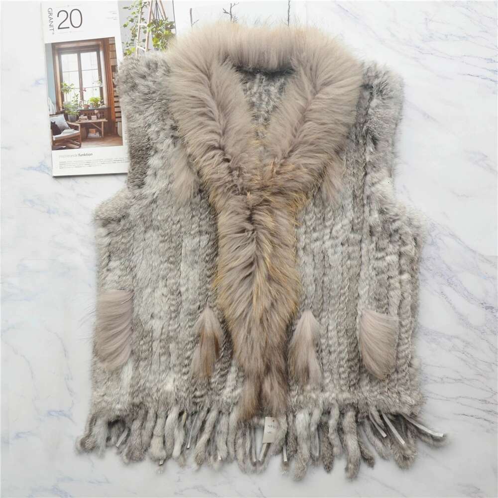 Women Genuine Real Rabbit Vest Coat Tassels Raccoon Fur Collar Jacket Waistcoat Wholesale Drop Shipping
