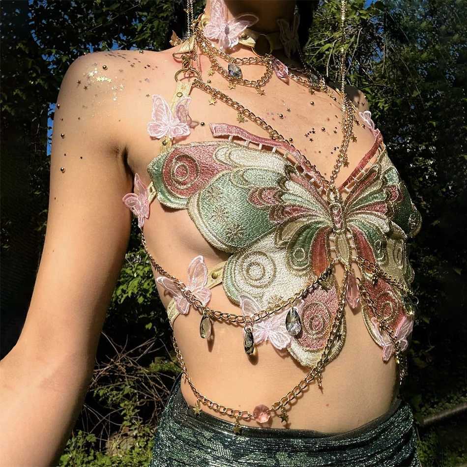 YOUR BUMP CURVE Sexy Woman Crystal Chain Butterfly Embroidery Sleeveless Backless Adjustable Ultra Short Top Music Prom M250513