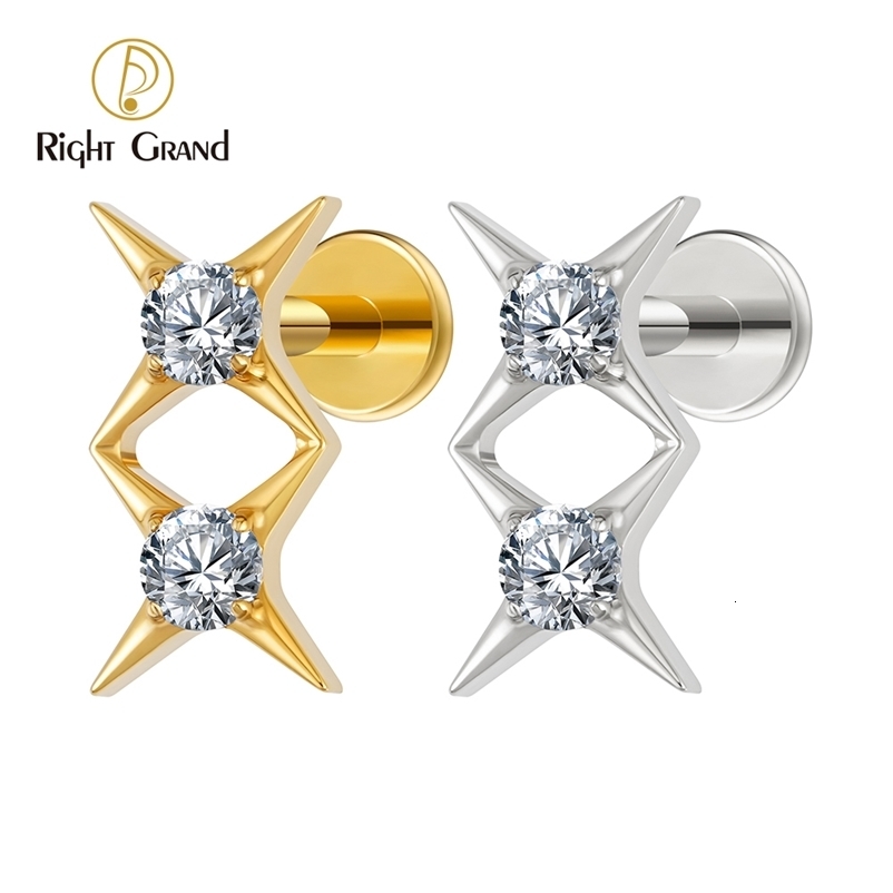 Right Grand ASTM F136 Stud Earring 16G Starburst CZ Flat Back Labret Stud Cartilage Helix Tragus Piercing 250512