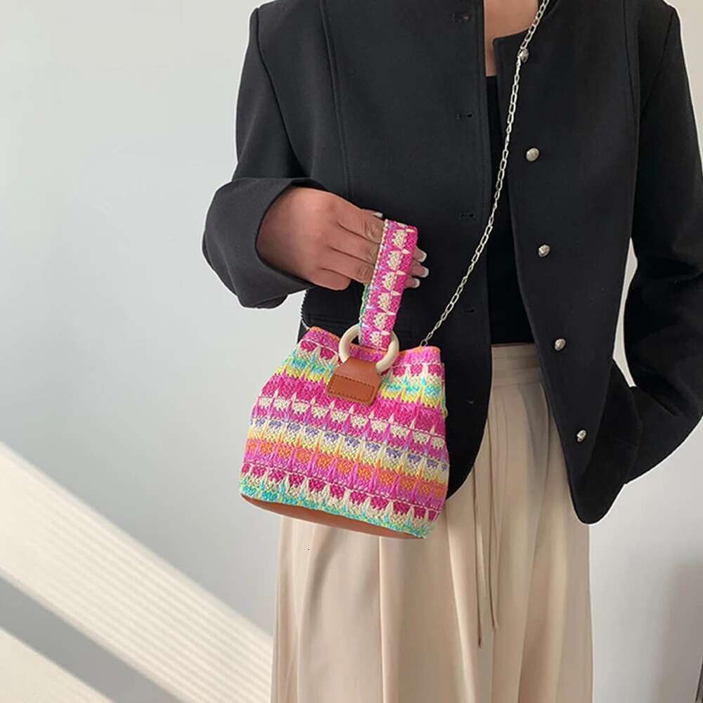 Colorful Straw Fashion Hand-Woven Mini Bucket Women Chain Sling Purses Female Crossbody Summer Tote Hobo Bag