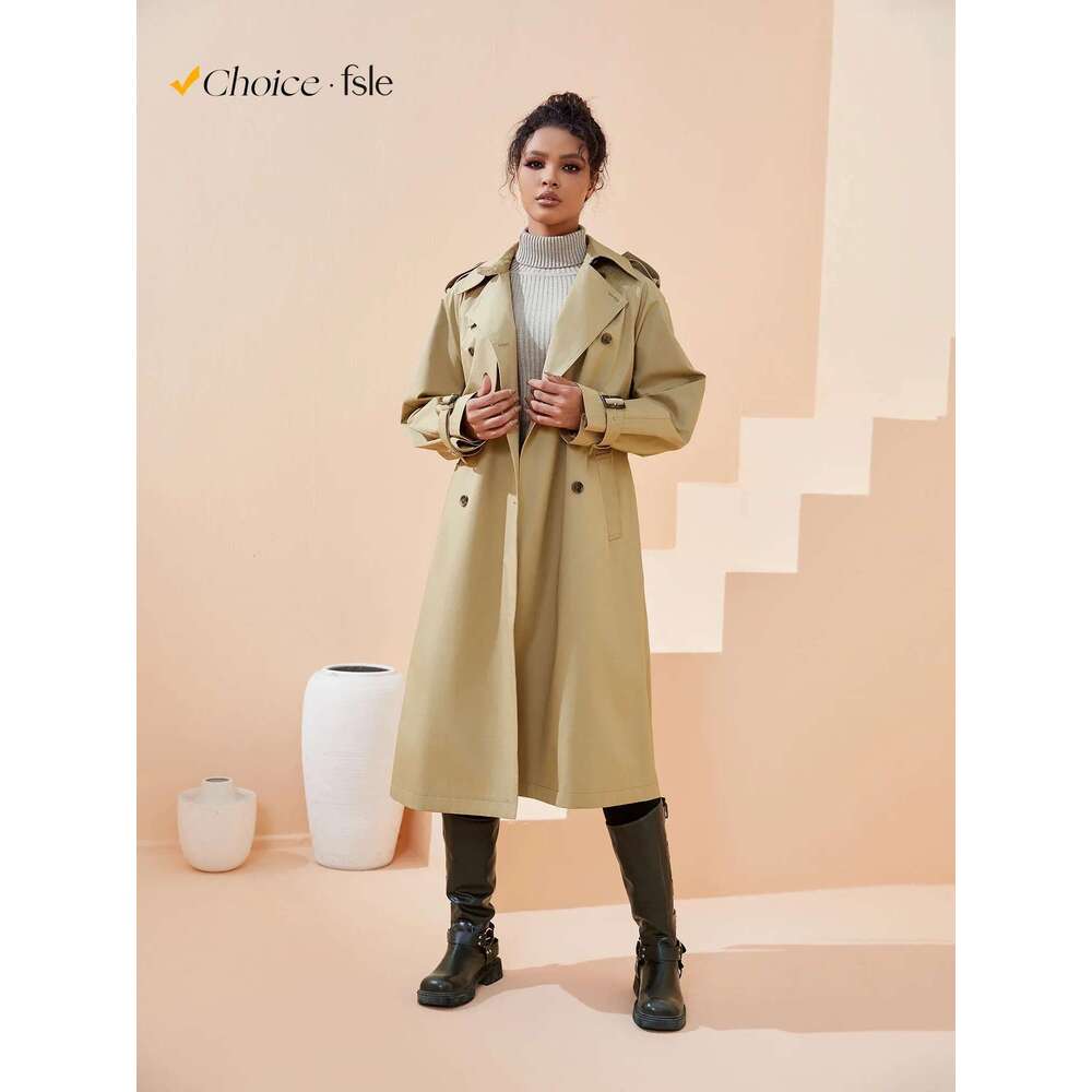 FSLE Khaki Autumn Long Coats Turn Down Collar Full Sleeve 100% Cotton Women Oversized Trench 24FS11325