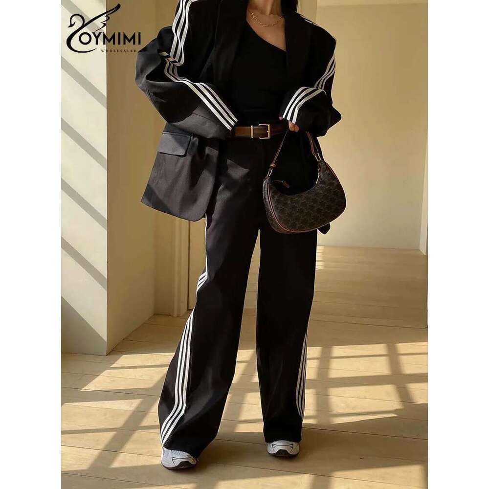 Oymimi Fashion Black Patchwork For Women 2 Pieces Elegant Long Sleeve Pockets Button Shirts And High Waist Trousers Sets