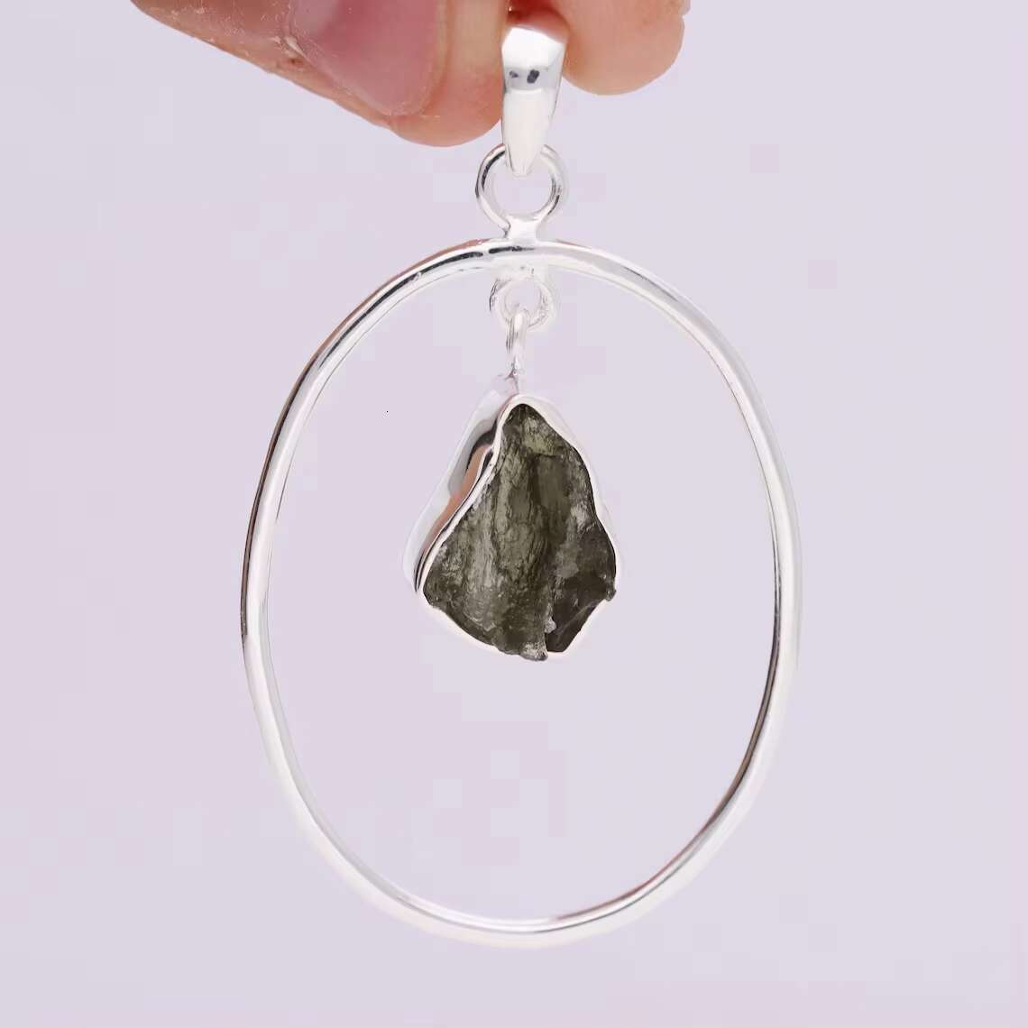 Advanced Series Natural Born Free Form Moldavit Sier Plated Collar Inlaid Pendant Chain Necklace