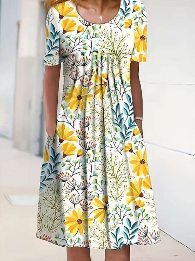 Women Clothes Dress Spring Summer Flower Printed Round Neck Pocket Mid Length Dress For Women KQ