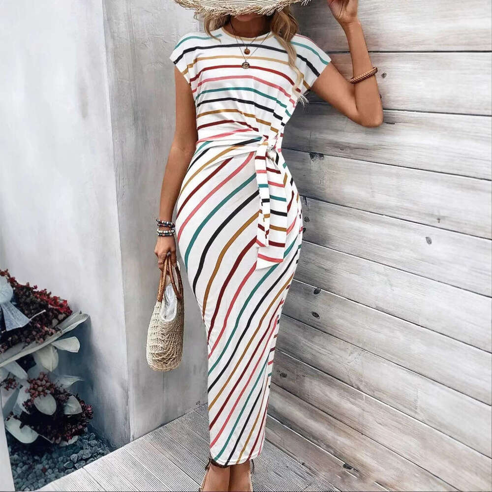 Women Clothes Dress Elegant Temperament Waist Strap Striped Round Neck Short Sleeved Long Dress Summer High End Women S Clothing KQ