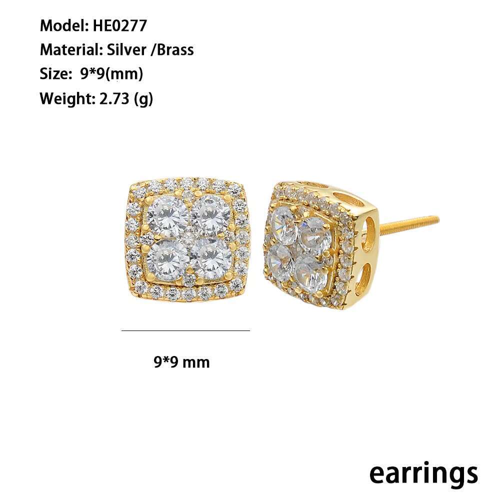 Fashion Wholesale Hip Hop Jewelry 14K Gold Plated Iced Out Cubic Zircon Brass Screw Back Stud Earrings for Men