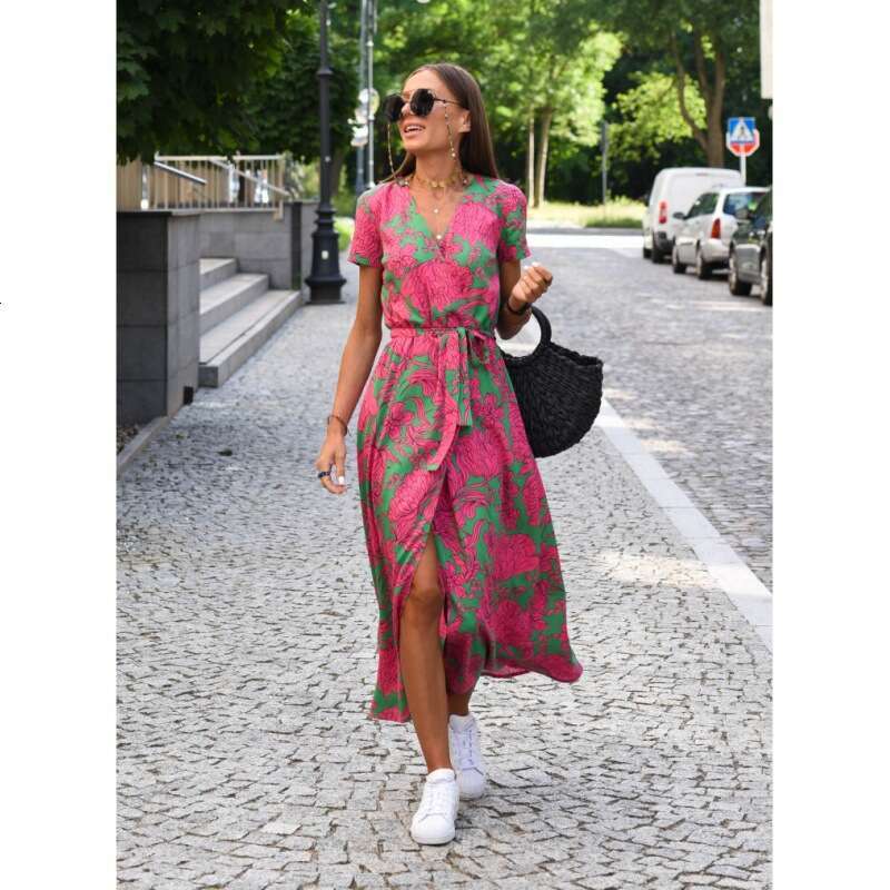 Women Clothes Dress Printed Dress Summer V Neck Split Mid Length Group Women S Clothing KQ