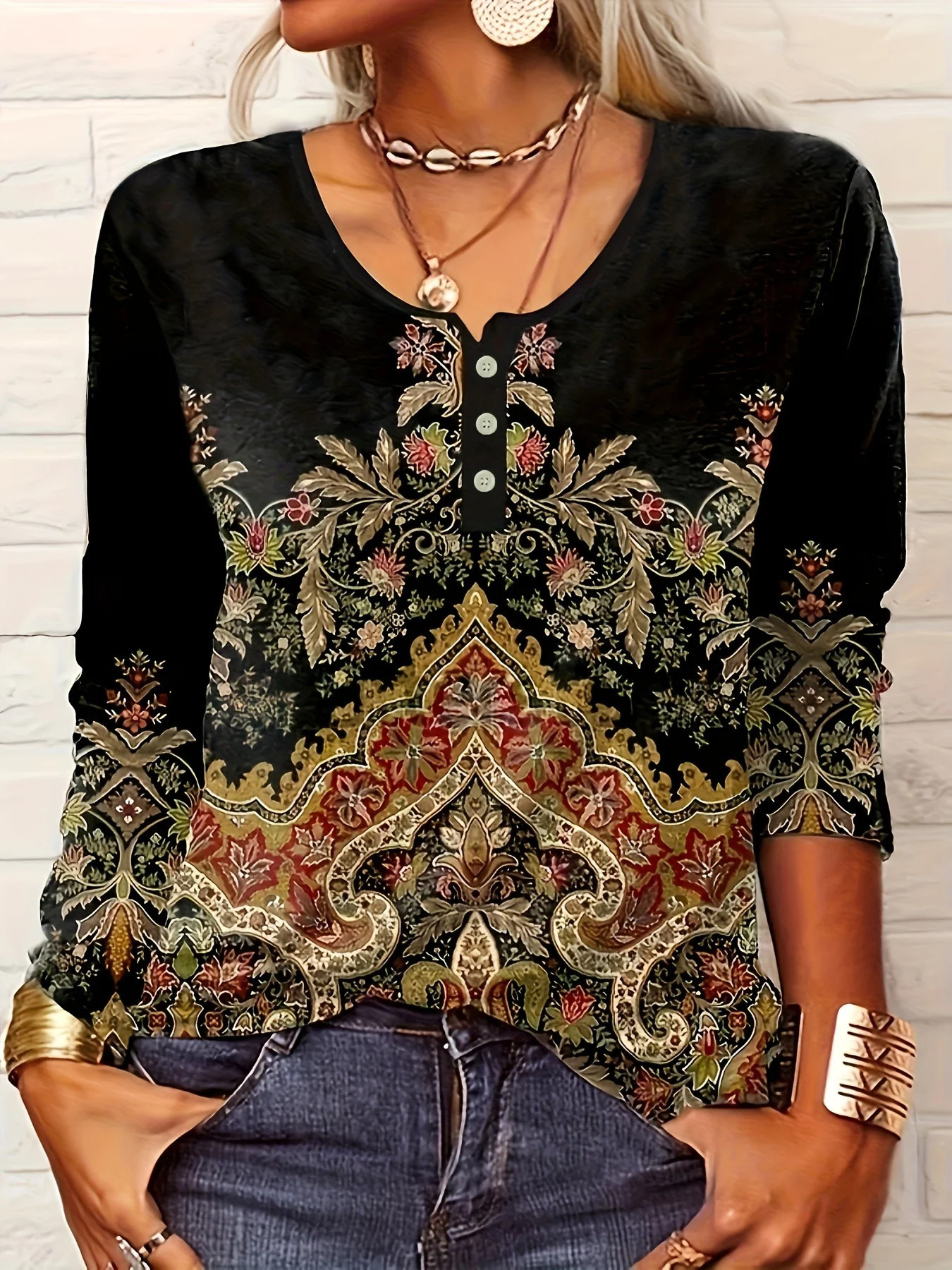 Elegant Ethnic Print ButtonDetail Long Sleeve Womens TShirt | Standard Sizing Boho Chic Fashion Top 250513