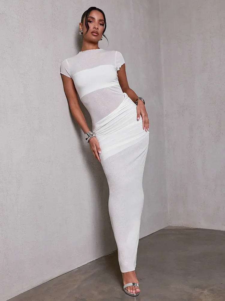 Summer See Through Beach Vacation Maxi Dress Short Sleeve Outfits Women Y2K Streetwear O Neck Bodycon Ruched Dresses Vestido 250513
