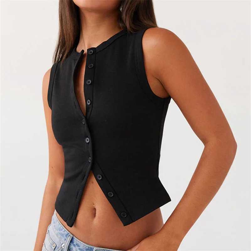 Vintage Ribbed Women Button Tank Tops Casual Summer Solid Color Sleeveless Crop Tops Basic Vest Y2K Aesthetic Clothes Streetwear M250513