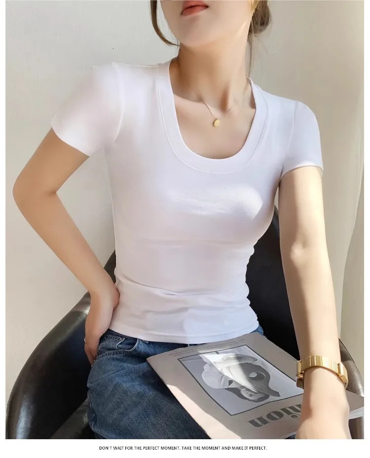 Tshirt Womens Short Sleeve Summer Show Collar Slim Threaded Round Neck Body Shirt White Tops 250513