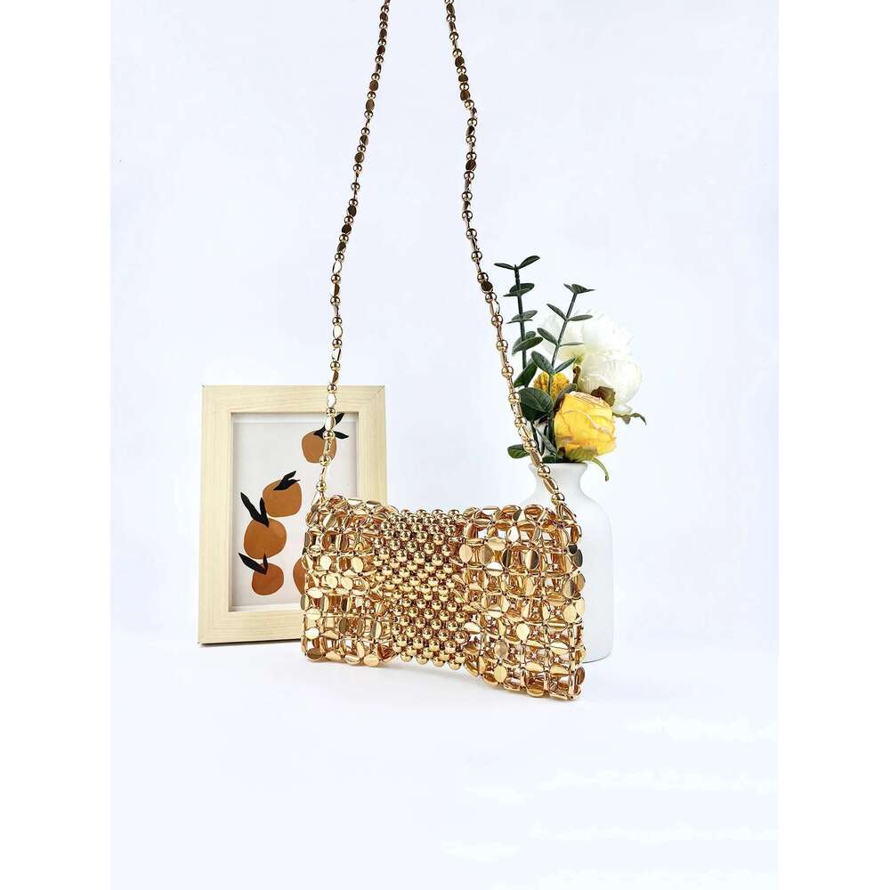 New niche design gold chain mobile phone zero wallet women's handmade beaded woven crossbody bag