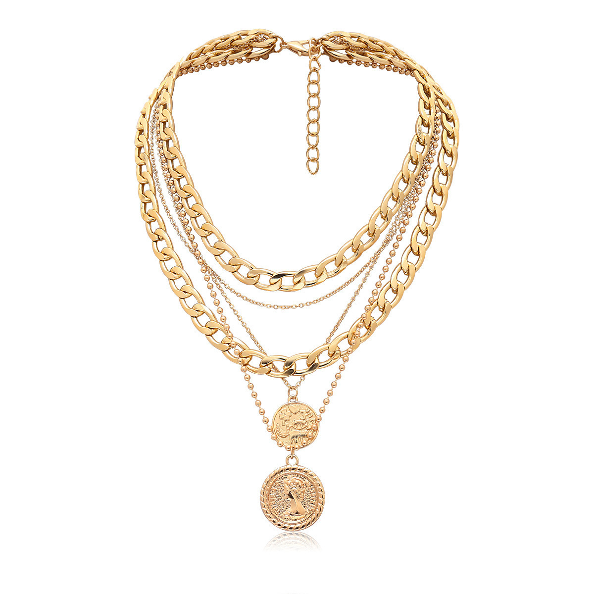 Metallic Coin Portrait Layered Necklace, Bold Chunky Choker, Trendy European & American Style for Women