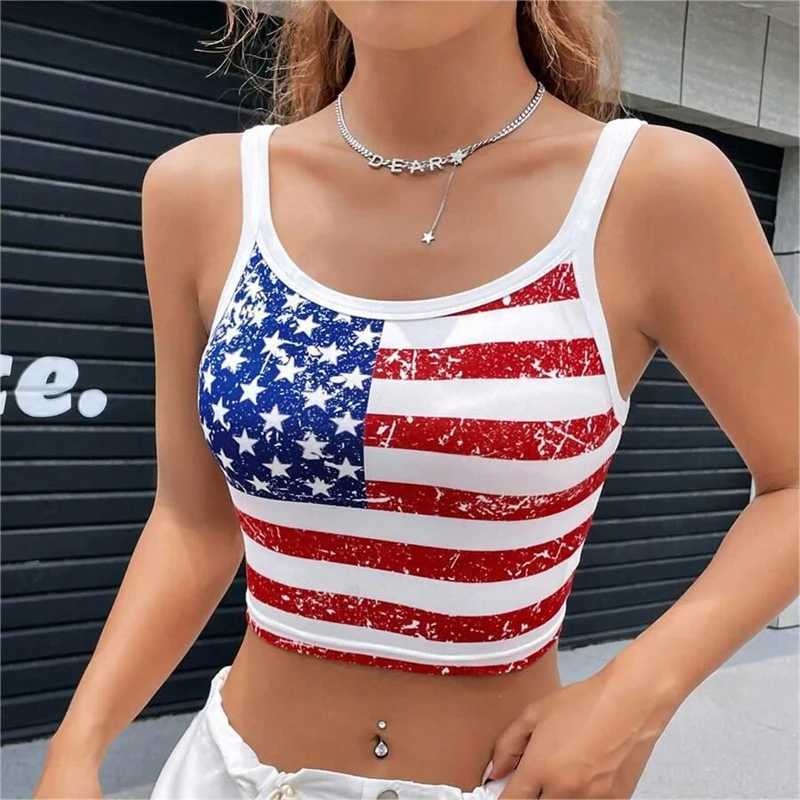 Gothic Punk New USA Flag Crop Top Sexy Backless Tank Slim Womens Mini Vest Summer Y2k Clothes Short White Camisole E-girls M250513